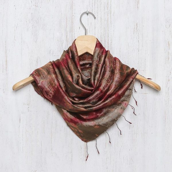 Alternate image for Tie-Dyed Silk Scarf in Claret and Avocado from Thailand Macaw Colors