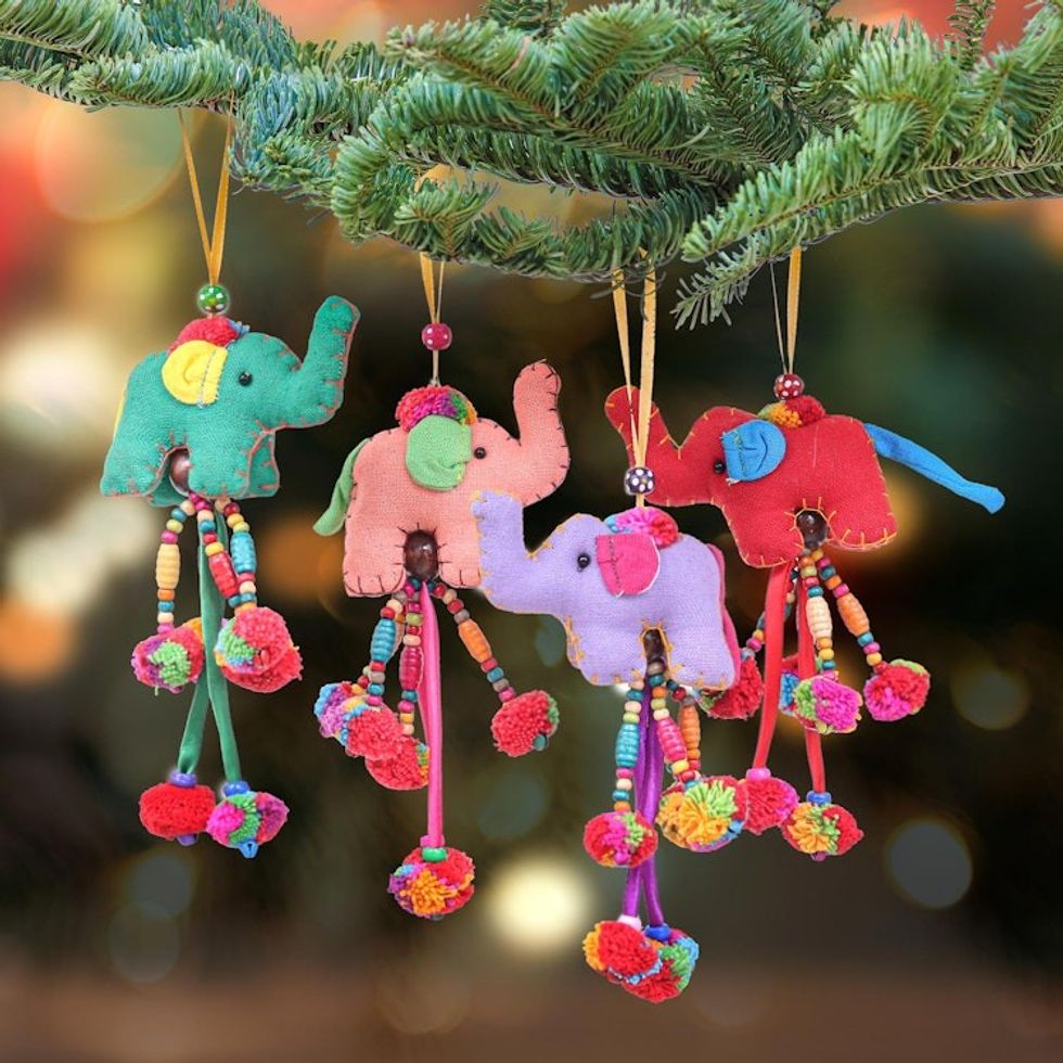 Handcrafted Cotton-Blend Elephant Ornaments Set of 4 'Pompom Parade'