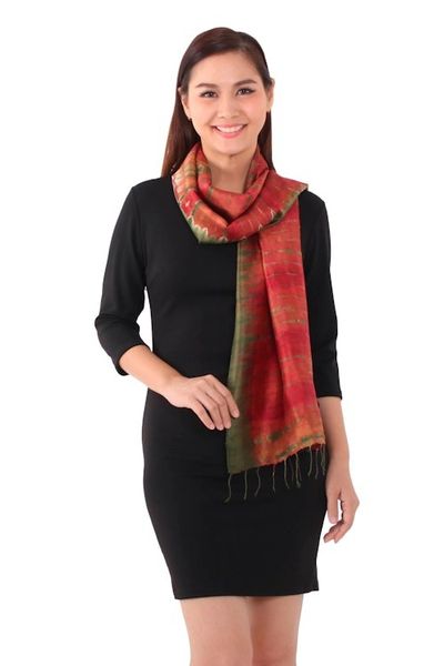 Alternate image for Tie-Dyed Silk Scarf in Claret and Avocado from Thailand Macaw Colors