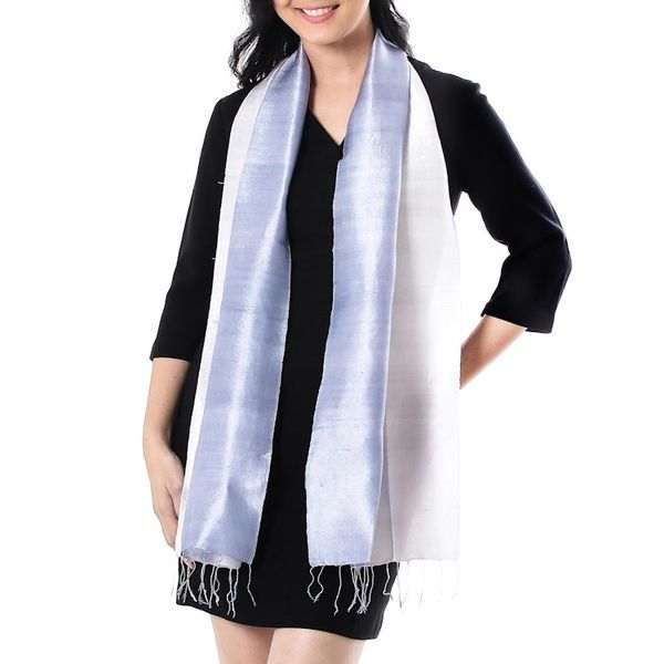 Alternate image for Ombre Grey Silk Scarf with Fringe from Thailand Silvery Glow