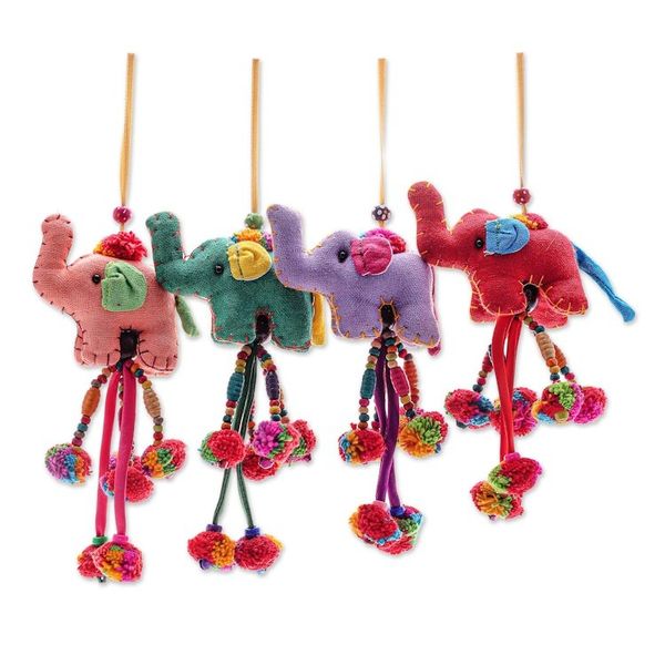 Alternate image for Handcrafted Cotton-Blend Elephant Ornaments Set of 4 Pompom Parade