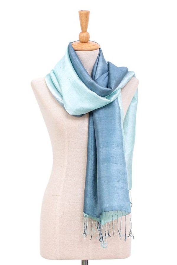 Alternate image for Blue and Green Fringed Silk Shawl Hand-Woven in Thailand Hydrangea Spring