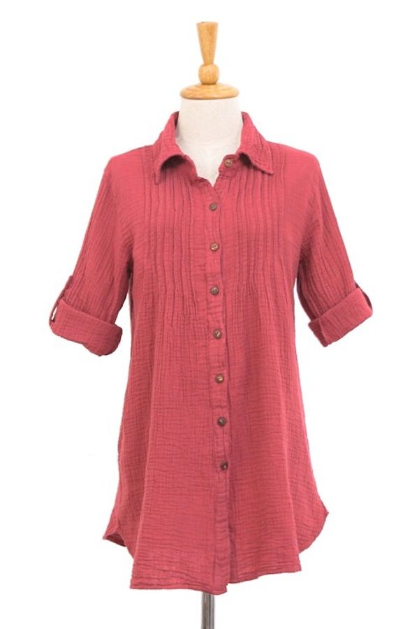 Alternate image for Rusty Rose Button-Up Cotton Gauze Shirt from Thailand Spice Pintucks