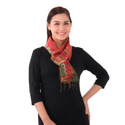 Alternate image for Tie-Dyed Silk Scarf in Claret and Avocado from Thailand Macaw Colors
