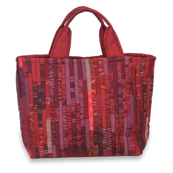 Alternate image for Red Hill Tribe Silk Patterned Tote Bag with Inner Pockets Exotic Red