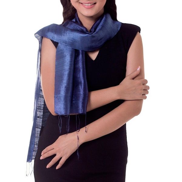 Alternate image for Handcrafted Batik Silk Scarf Bluebell Duality