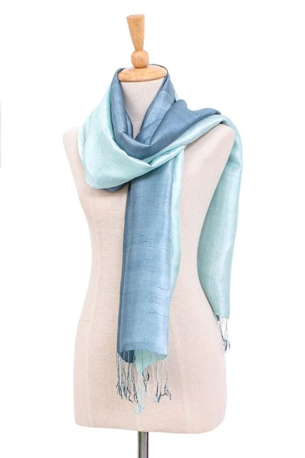 Alternate image for Blue and Green Fringed Silk Shawl Hand-Woven in Thailand Hydrangea Spring