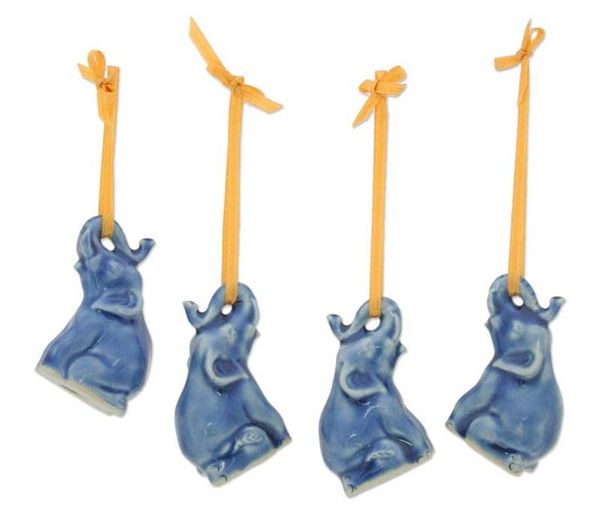 Alternate image for Celadon Ceramic Christmas Ornaments Set of 4 Blue Elephant Heralds
