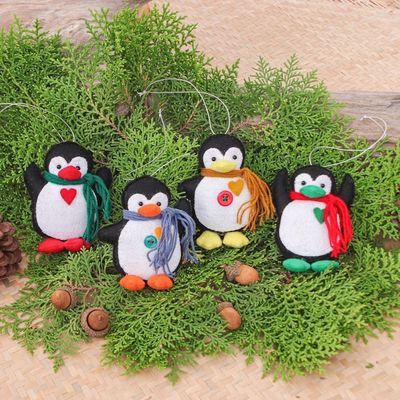 Alternate image for Set of Four Colorful Felt and Acrylic Penguin Ornaments Festive Penguins