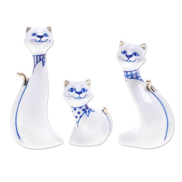 Alternate image for Set of 3 Porcelain Cat Statuettes with Gilded Accents Cat Family