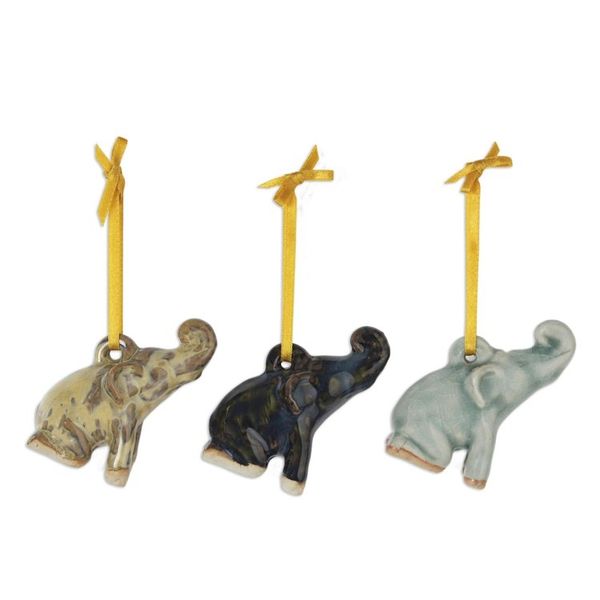 Alternate image for Artisan Crafted Ornaments in Celadon Ceramic Set of 3 Holiday Elephants