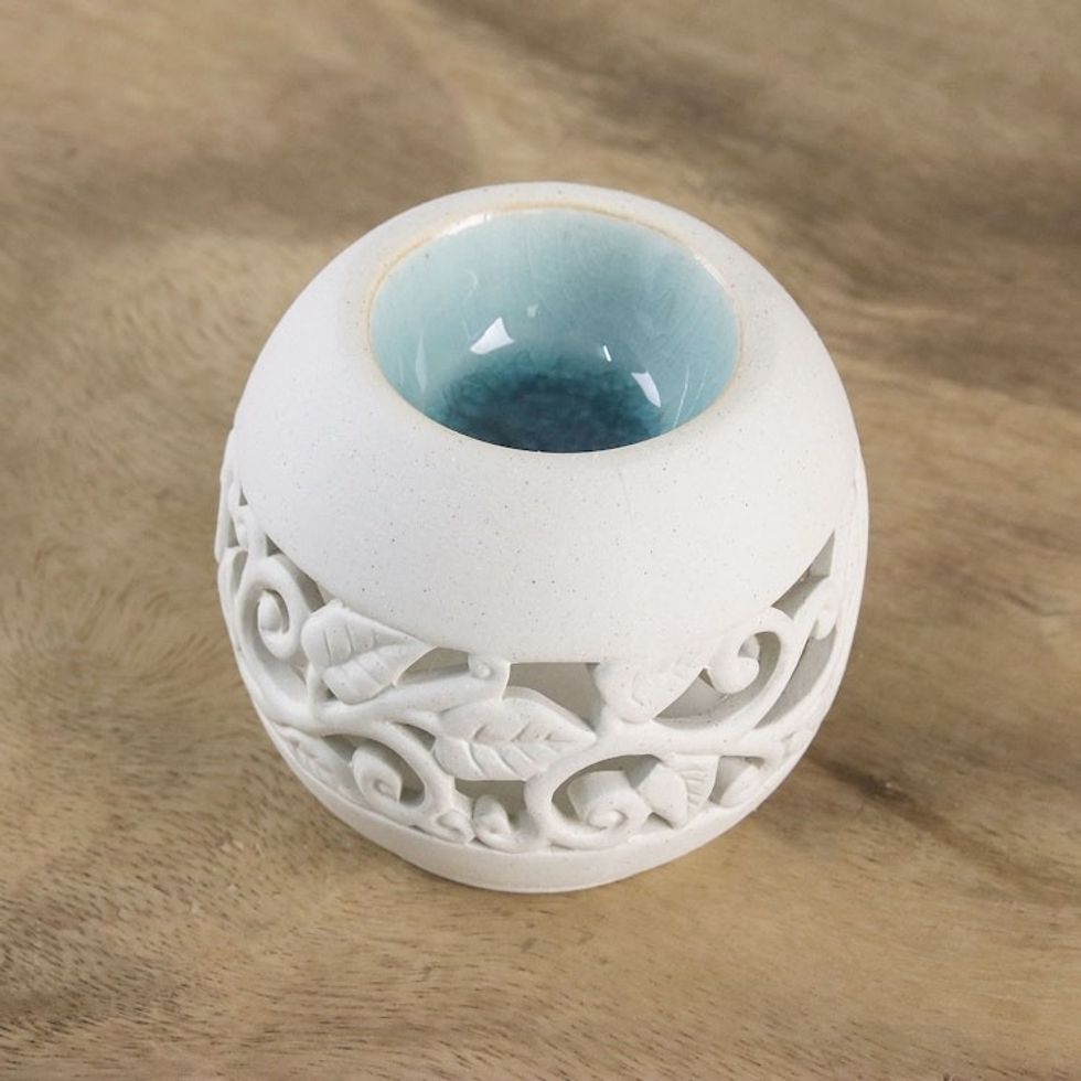 Leaf Motif Ceramic Oil Warmer from Thailand 'Charming Ivy in Blue'