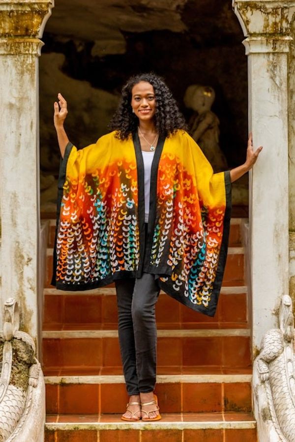 Alternate image for Hand Crafted Linen Batik Kimono Jacket Lucky Yellow
