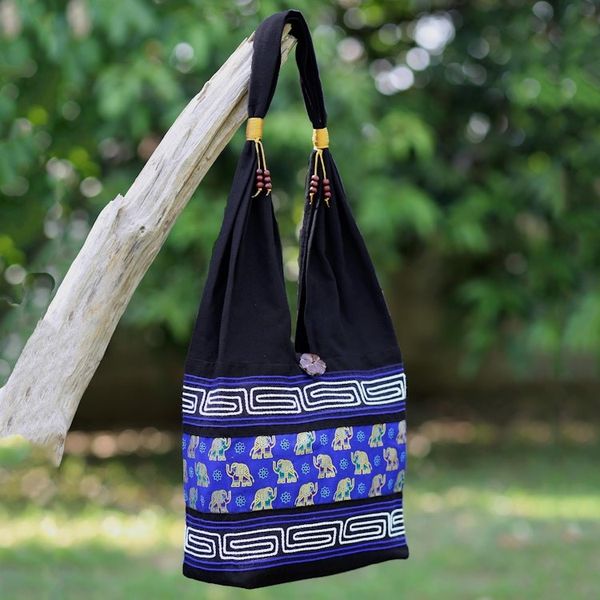 Alternate image for Black and Blue Cotton Blend Shoulder Bag from Thailand Thai Siam
