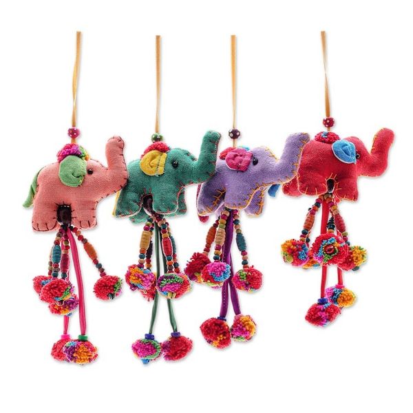 Alternate image for Handcrafted Cotton-Blend Elephant Ornaments Set of 4 Pompom Parade
