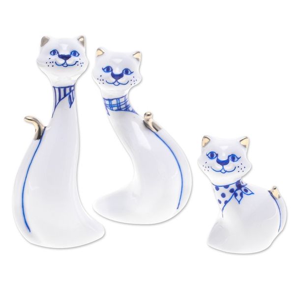 Alternate image for Set of 3 Porcelain Cat Statuettes with Gilded Accents Cat Family