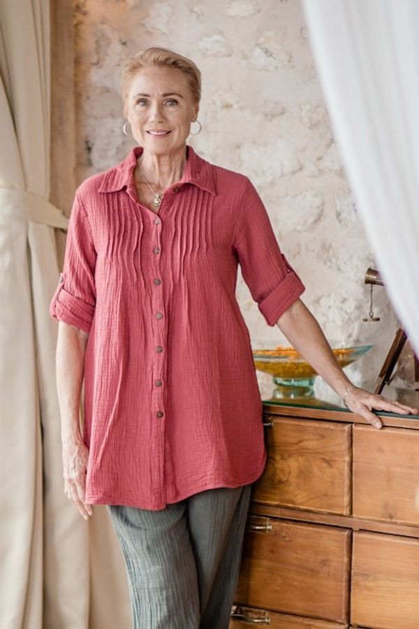Alternate image for Rusty Rose Button-Up Cotton Gauze Shirt from Thailand Spice Pintucks