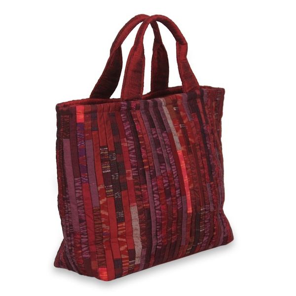 Alternate image for Red Hill Tribe Silk Patterned Tote Bag with Inner Pockets Exotic Red