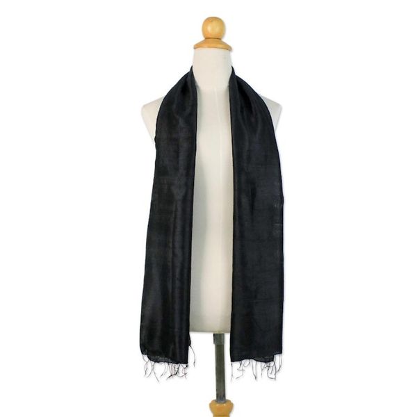 Alternate image for Handcrafted Fringed Silk Shawl in Black from Thailand Midnight Breeze