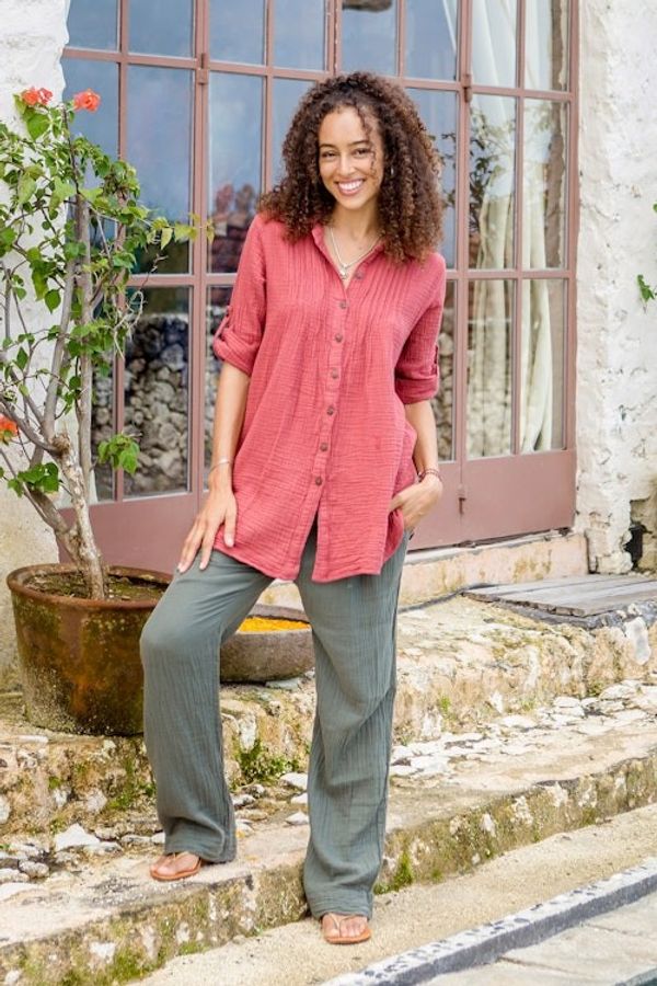 Alternate image for Rusty Rose Button-Up Cotton Gauze Shirt from Thailand Spice Pintucks