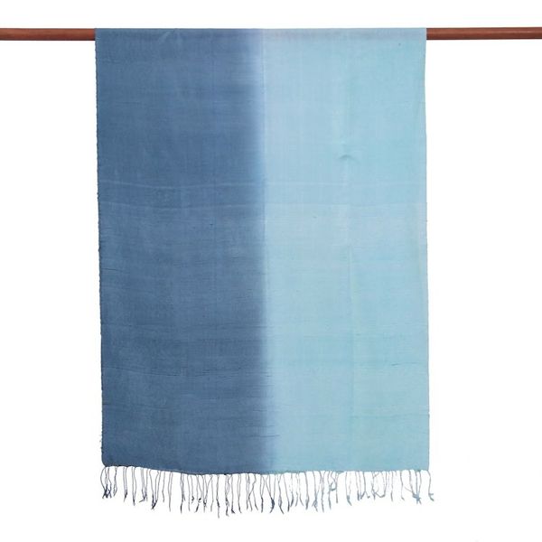 Alternate image for Blue and Green Fringed Silk Shawl Hand-Woven in Thailand Hydrangea Spring