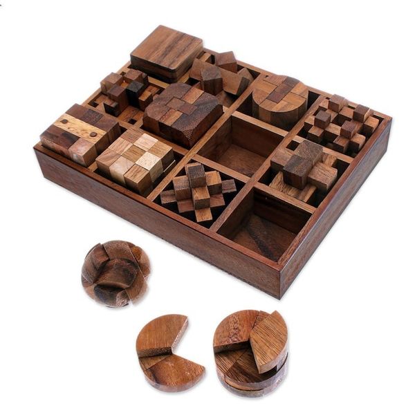 Alternate image for 12 Handcrafted Wood Puzzles with Box from Thailand Array of Challenges