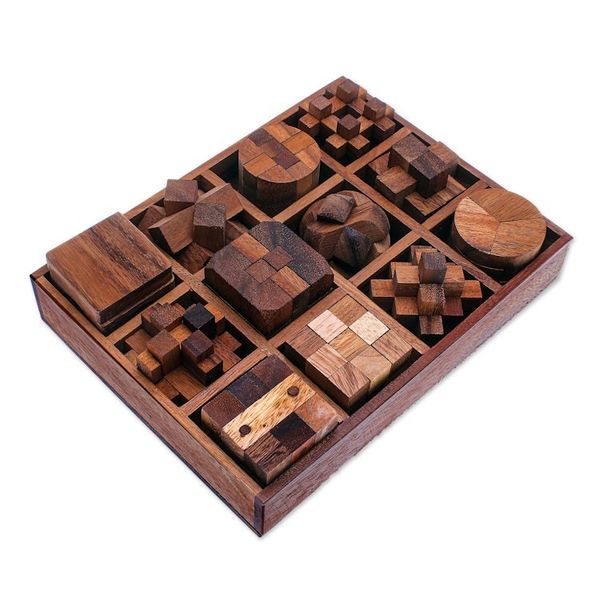 Alternate image for 12 Handcrafted Wood Puzzles with Box from Thailand Array of Challenges