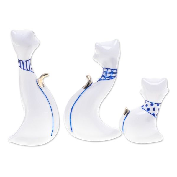 Alternate image for Set of 3 Porcelain Cat Statuettes with Gilded Accents Cat Family