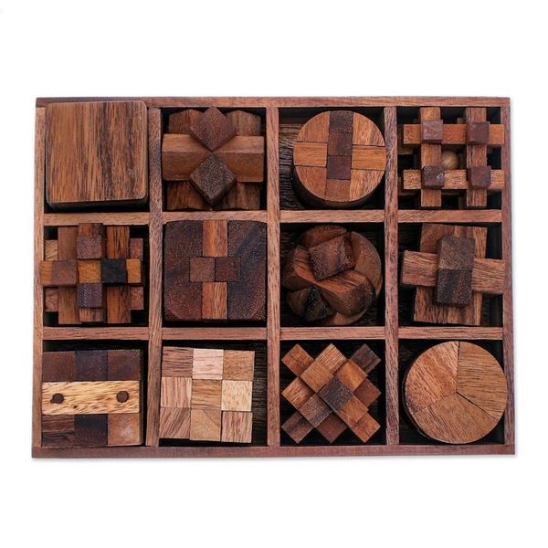 Alternate image for 12 Handcrafted Wood Puzzles with Box from Thailand Array of Challenges