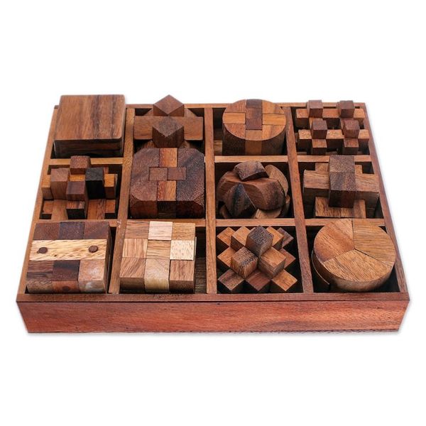 Alternate image for 12 Handcrafted Wood Puzzles with Box from Thailand Array of Challenges