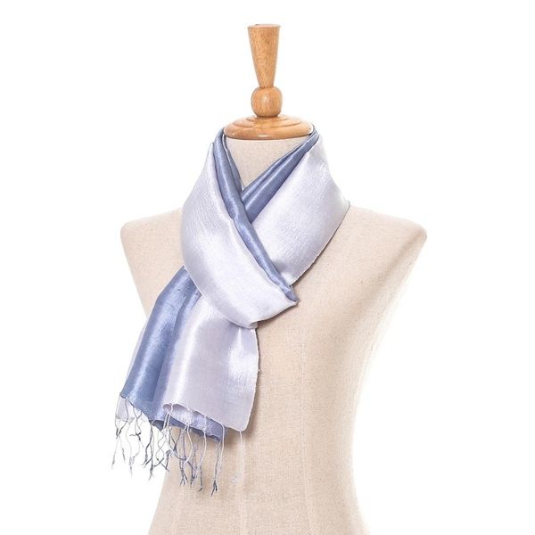 Alternate image for Ombre Grey Silk Scarf with Fringe from Thailand Silvery Glow
