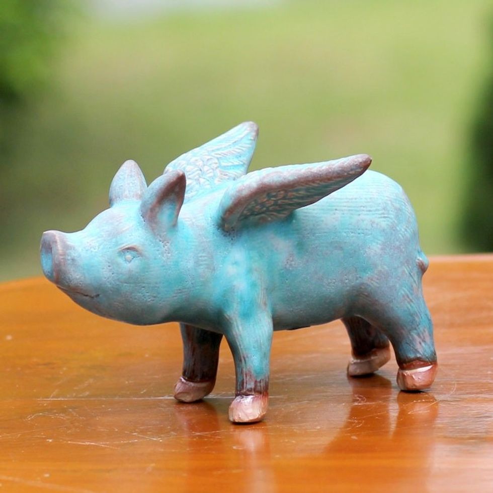 Ceramic Figurine of a Winged Blue Pig from Thailand 'Blue Flying Pig'