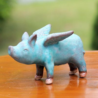 Alternate image for Ceramic Figurine of a Winged Blue Pig from Thailand Blue Flying Pig