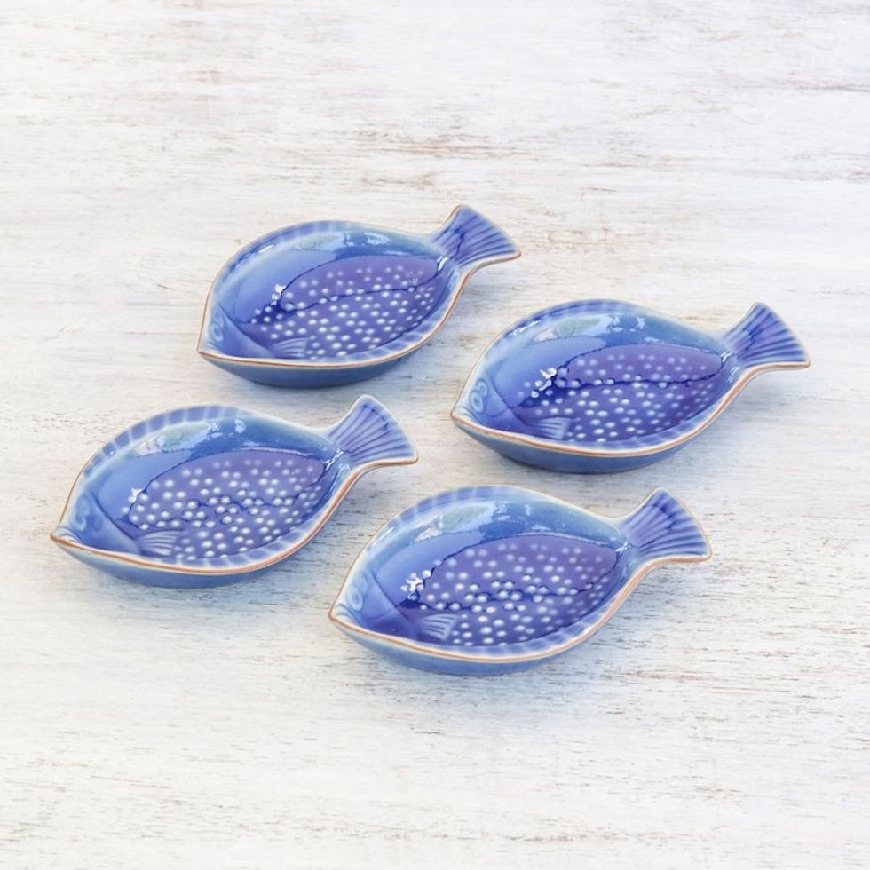 Fish-Shaped Blue Ceramic Appetizer Bowls Set of 4 'Festive Fish'