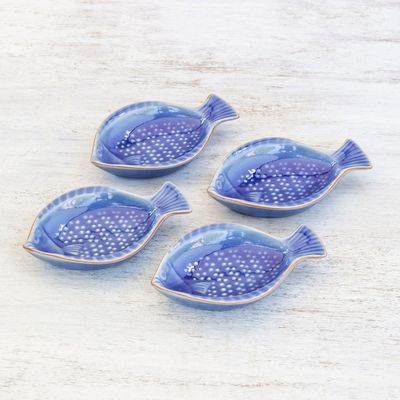 Alternate image for Fish-Shaped Blue Ceramic Appetizer Bowls Set of 4 Festive Fish