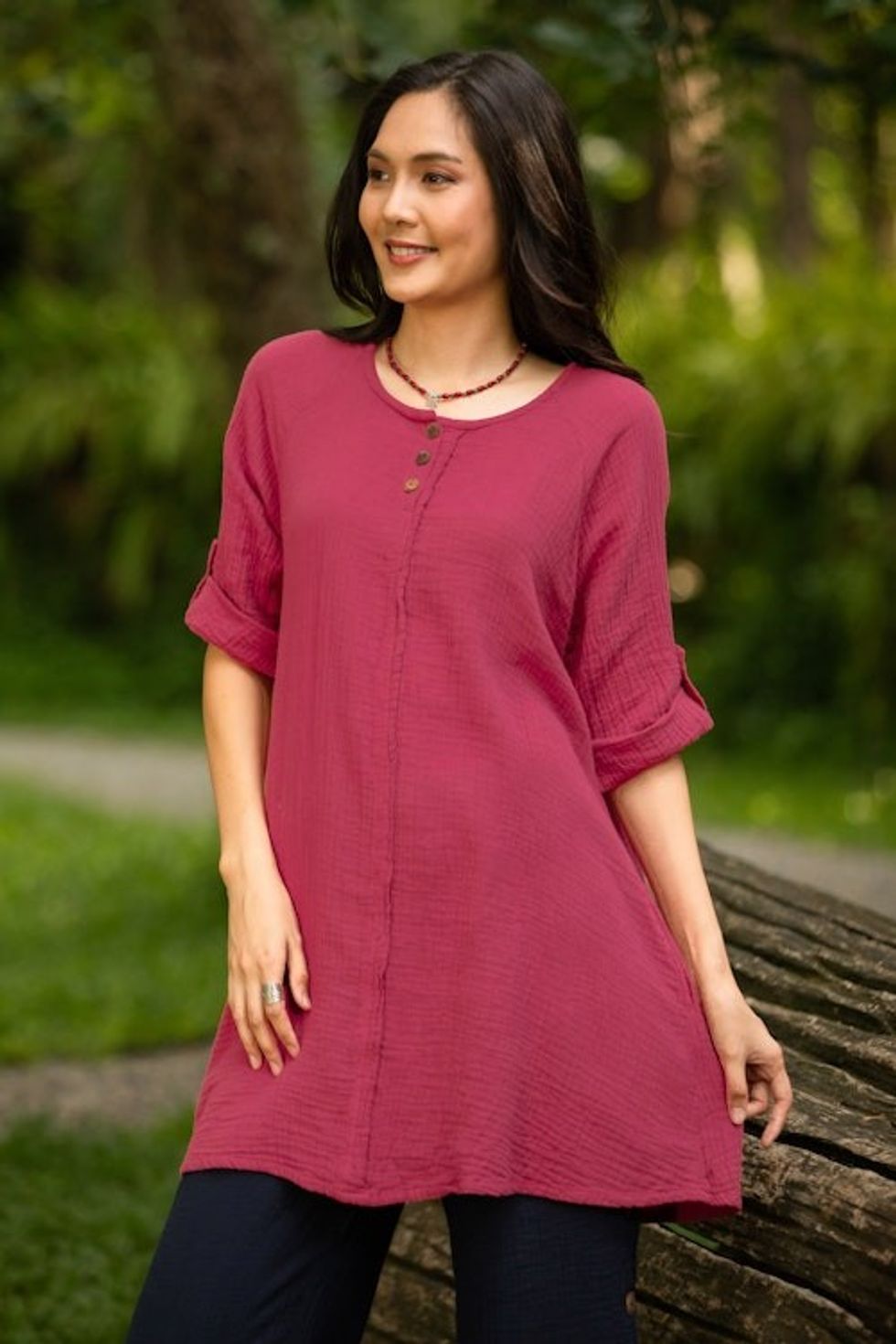 Long Cotton Gauze Tunic from Thailand 'Fresh Breeze in Raspberry'