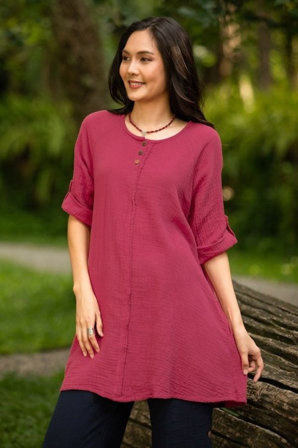 Alternate image for Long Cotton Gauze Tunic from Thailand Fresh Breeze in Raspberry