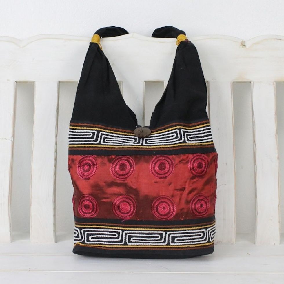 Cotton Thai Style Shoulder Bag in Crimson and Black 'Crimson Wine'