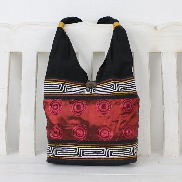 Alternate image for Cotton Thai Style Shoulder Bag in Crimson and Black Crimson Wine