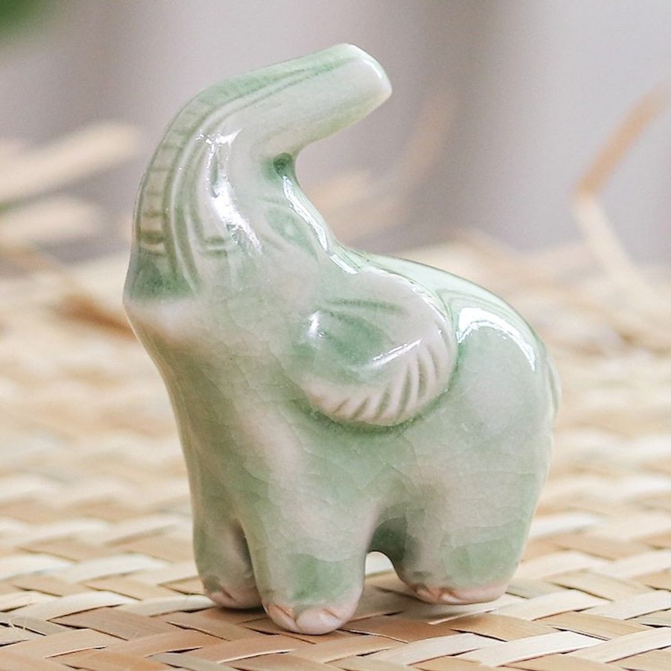 Green Celadon Ceramic Figurine 'Happy Elephant in Green'