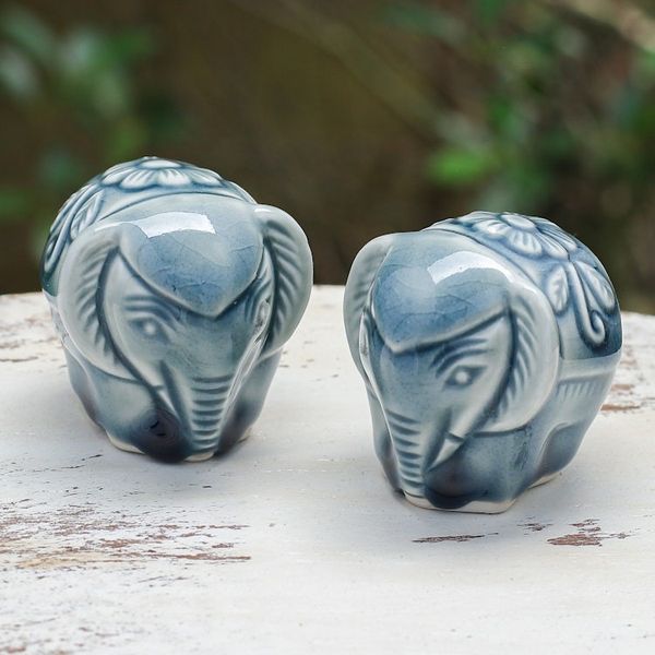 Alternate image for Pair of Celadon Ceramic Elephant Mini Figurines in Blue Thai Elephants