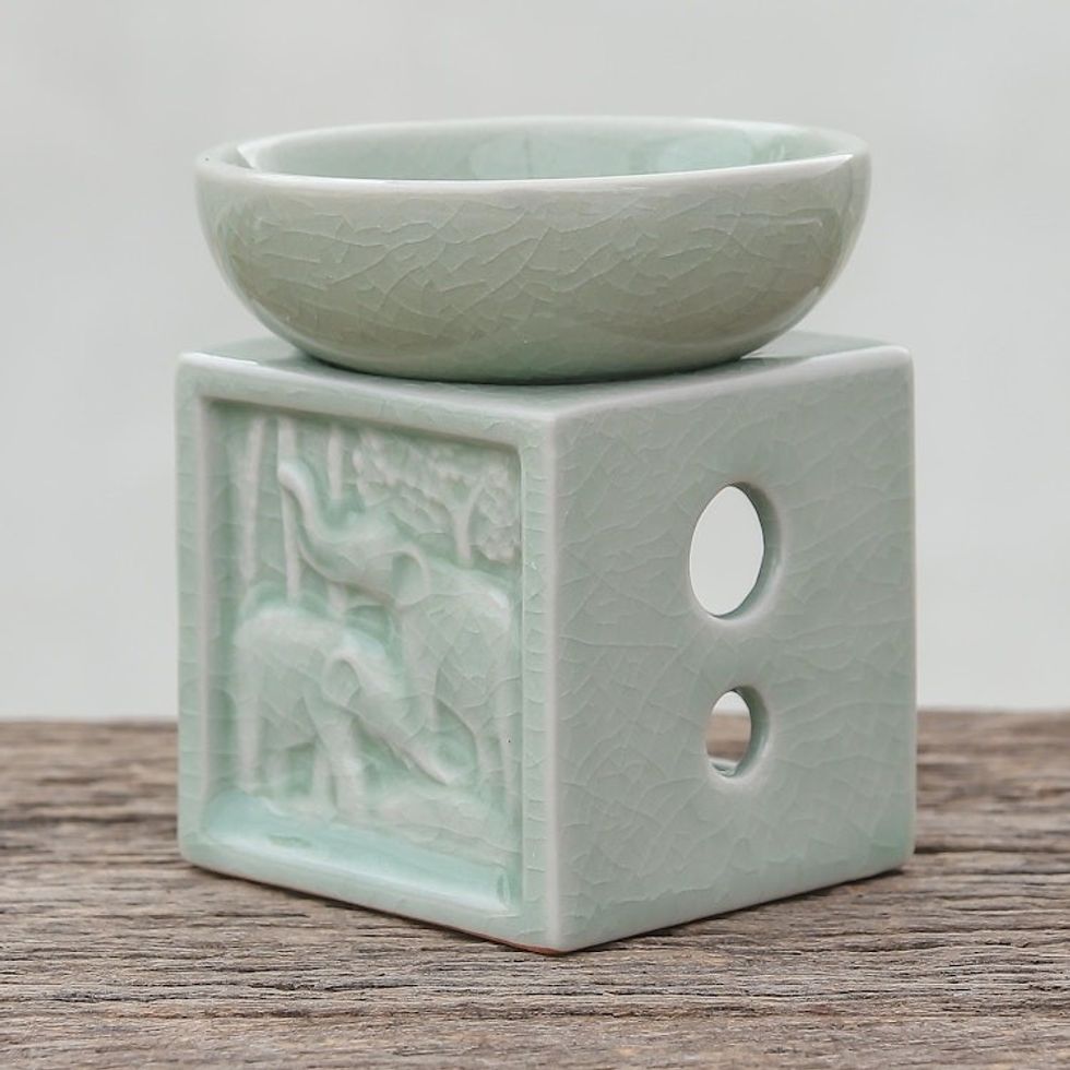 Elephant-Themed Celadon Ceramic Oil Warmer from Thailand 'Elephant Jungle'