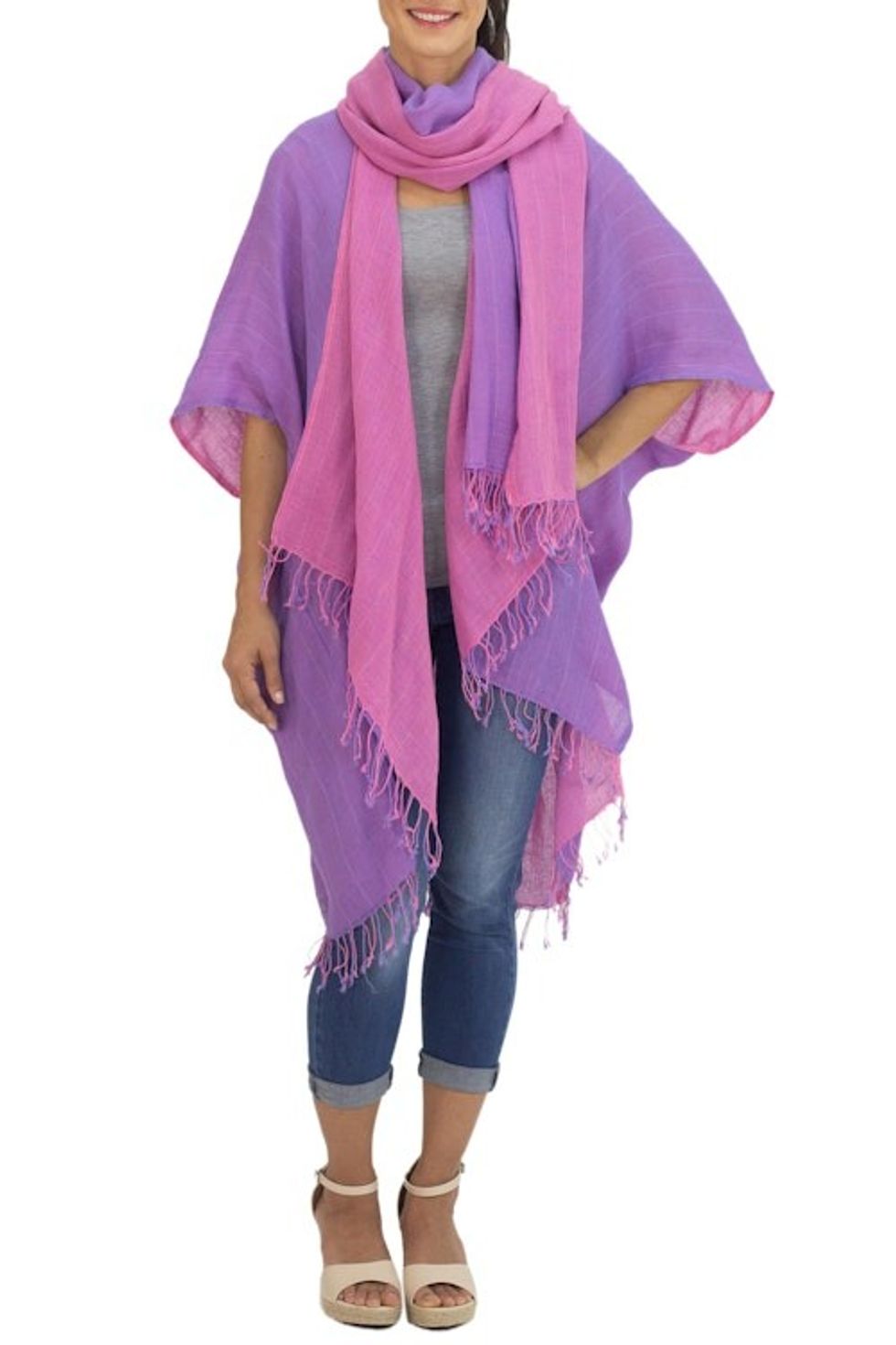 Artisan Crafted Cotton Kimono Jacket and Scarf from Thailand 'Blush in Purple'