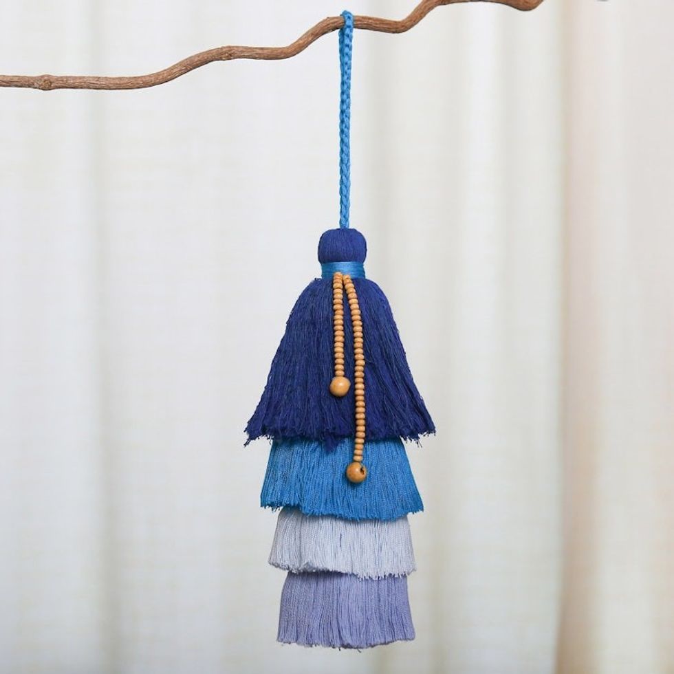 Cotton and Acrylic Aqua Ornament with Raintree Wood Beads 'Happy Aqua Home'