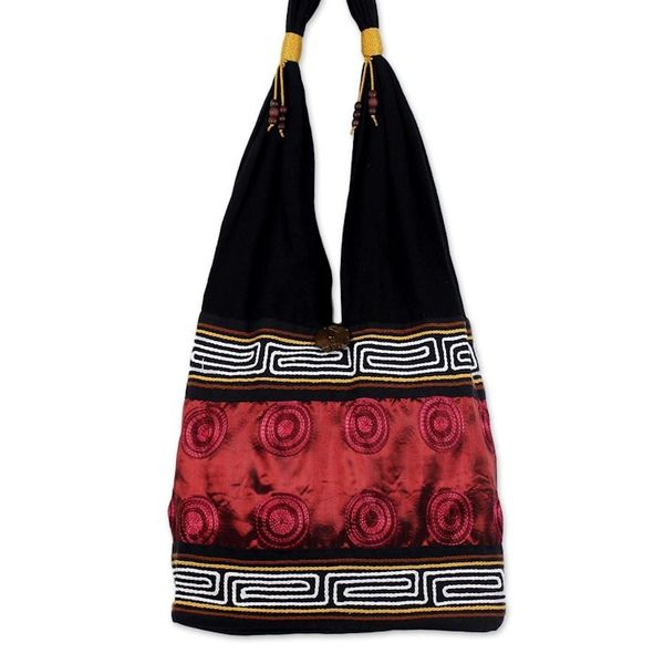 Alternate image for Cotton Thai Style Shoulder Bag in Crimson and Black Crimson Wine