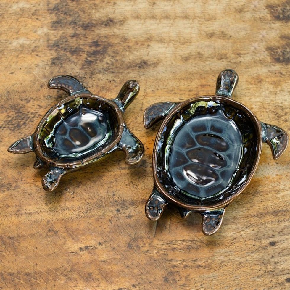 Handcrafted Ceramic Bowls from Thailand pair 'Indigo Thai Turtles'