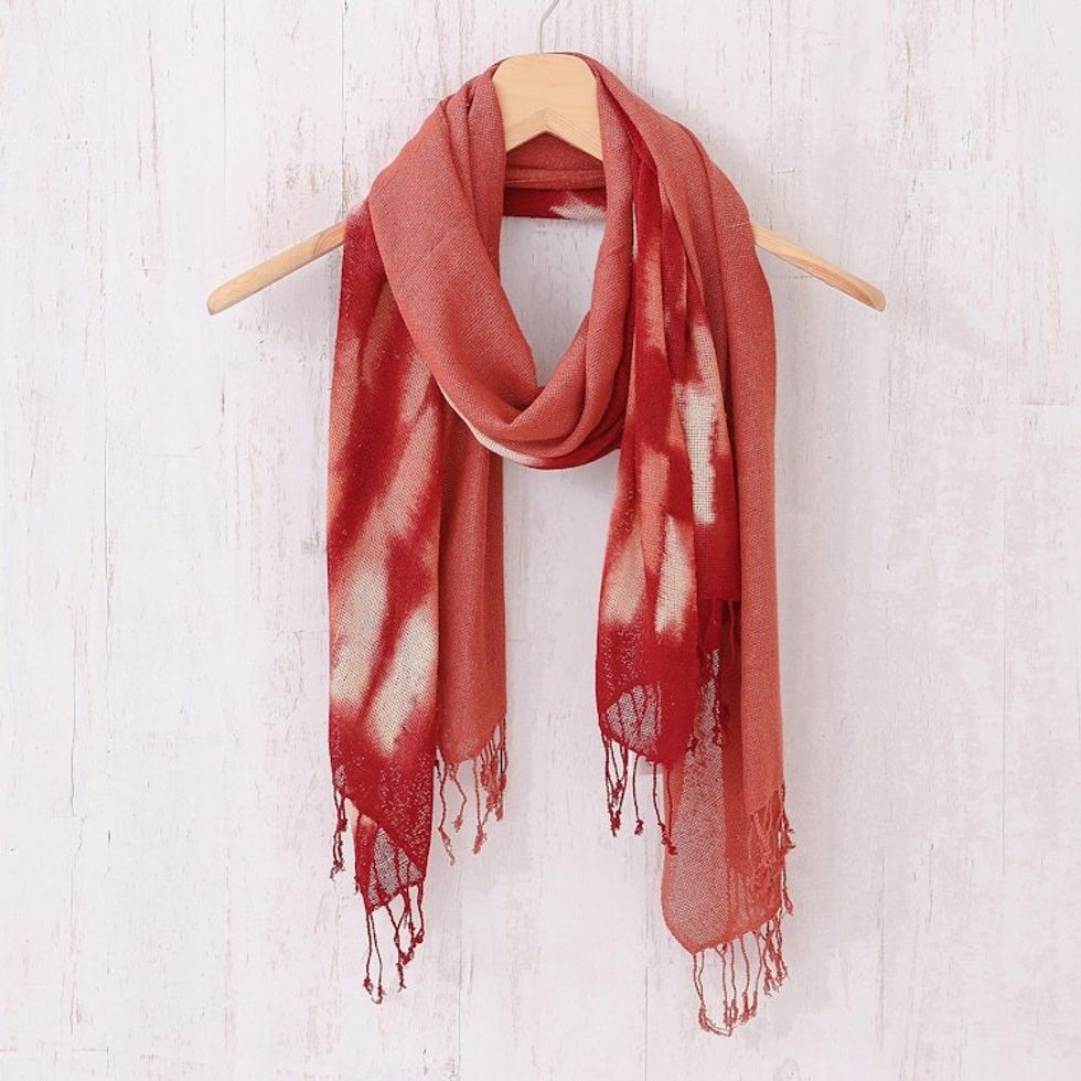 Hand-Woven Batik Silk Scarves in Crimson and Orange Pair 'Cozy Nook'