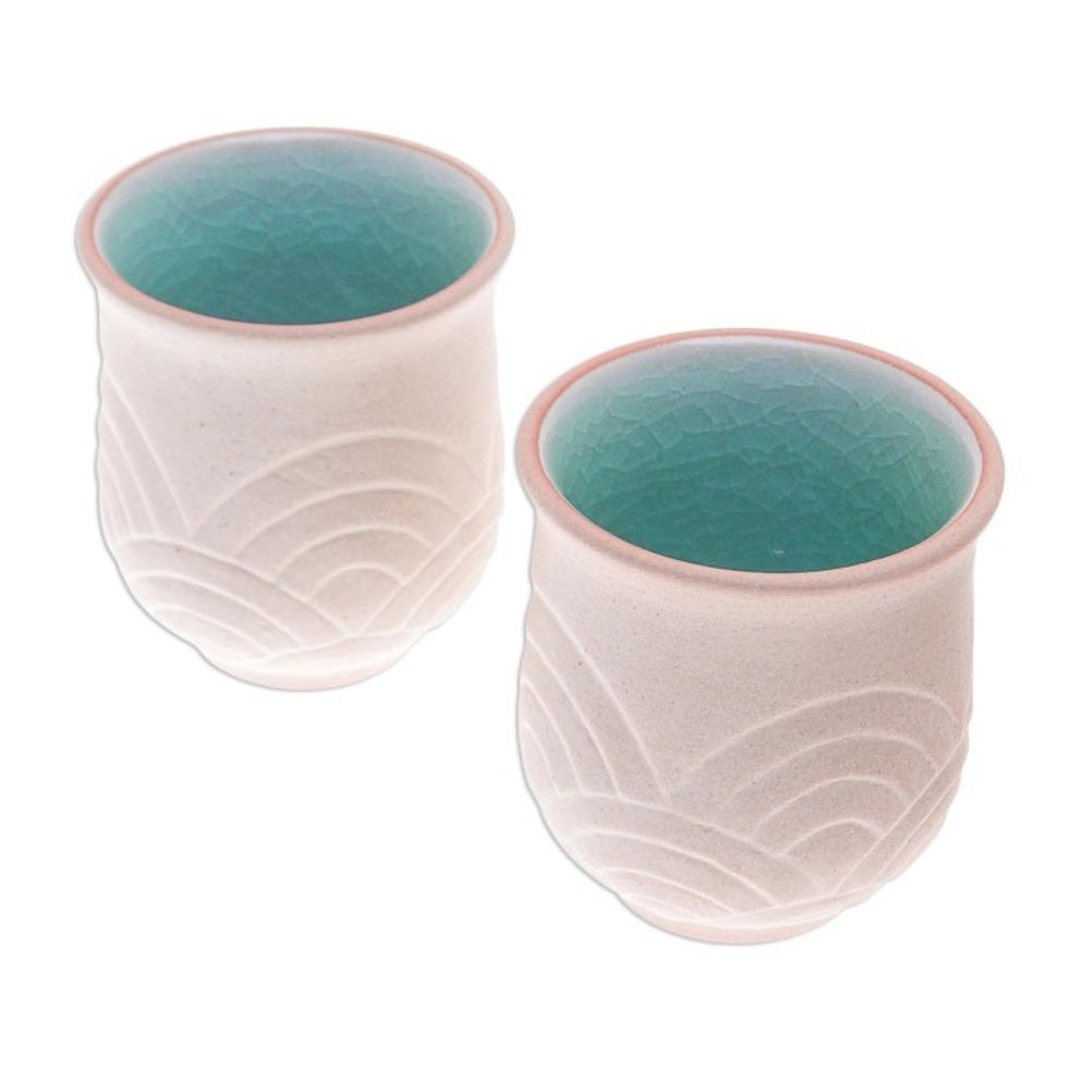 Hand Made Celadon Ceramic Cups from Thailand Pair 'Gentle Waves'