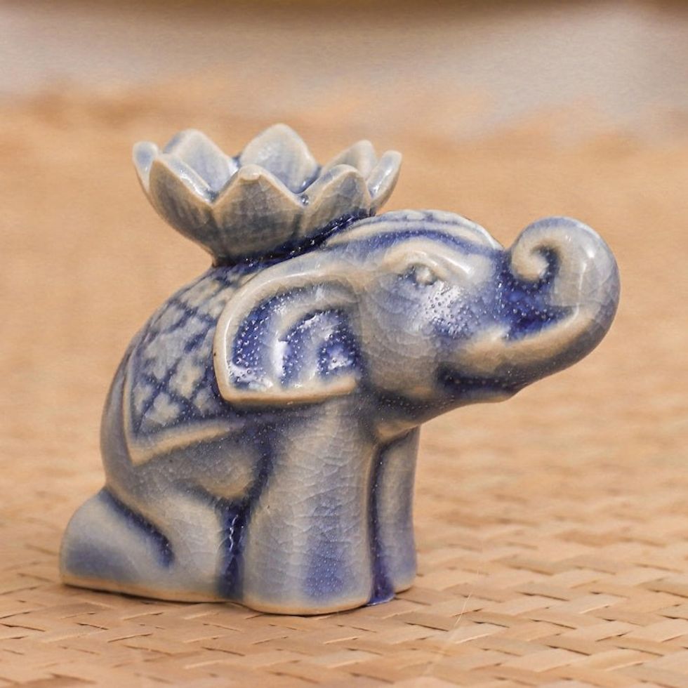 Blue Ceramic Elephant Incense Holder with Lotus Flower 'Wise Friend'