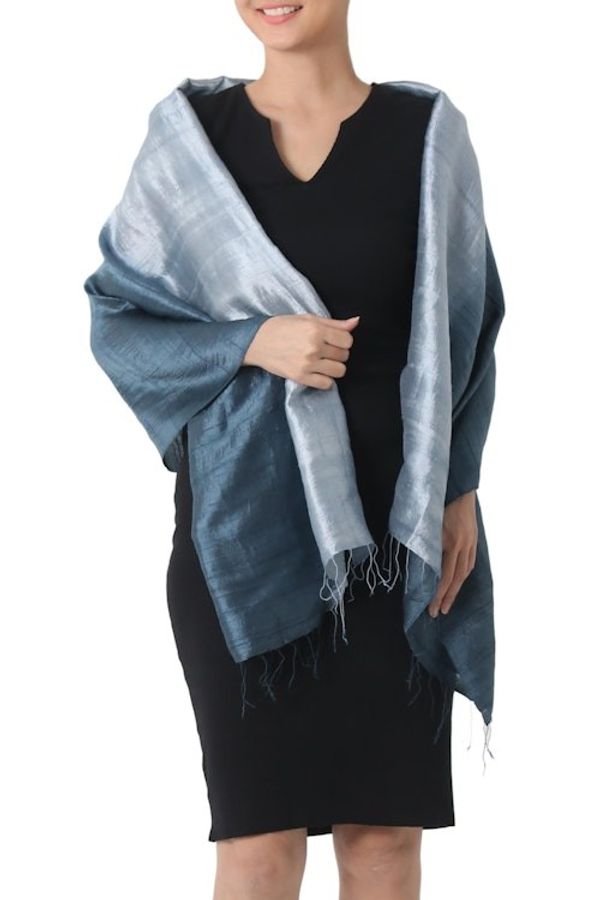 Alternate image for Silk Shawl from Thailand Shimmering Ocean
